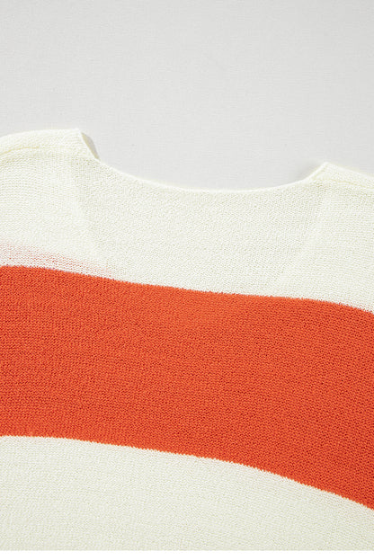 Orange Stripe Loose Color Block Drop Shoulder Bubble Sleeve Sweater