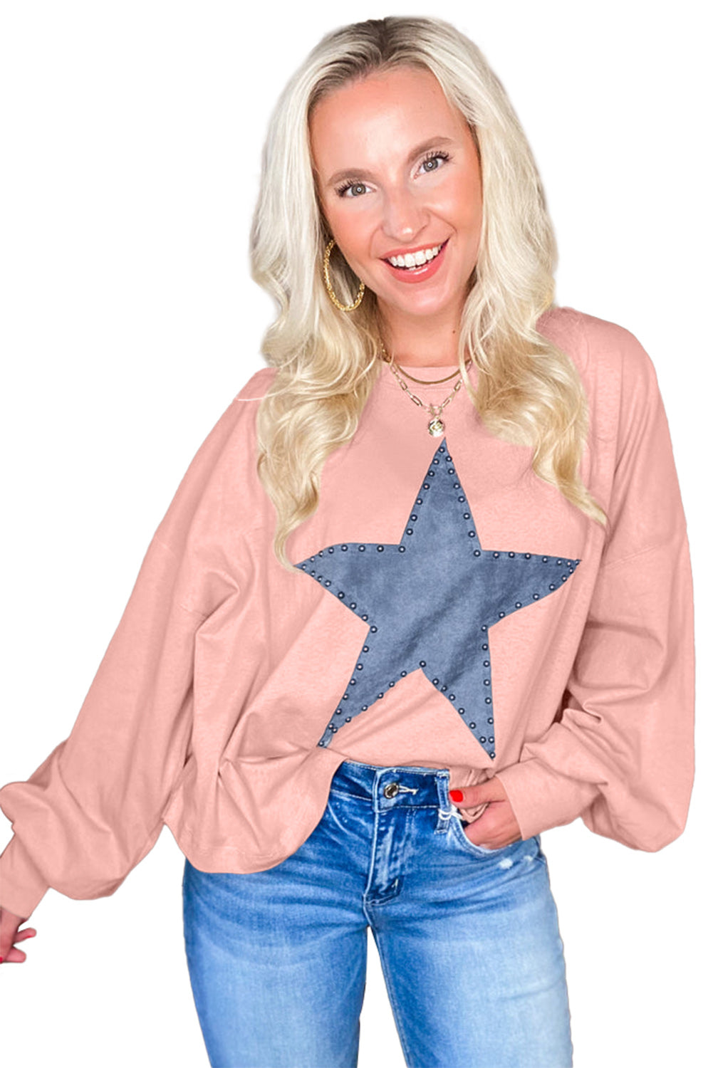 Black Studded Star Graphic Oversized Long Sleeve Top