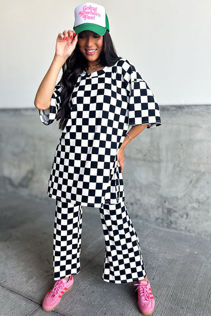 Black Checkered Print Half Sleeve Tunic Top and Flared Pants Set