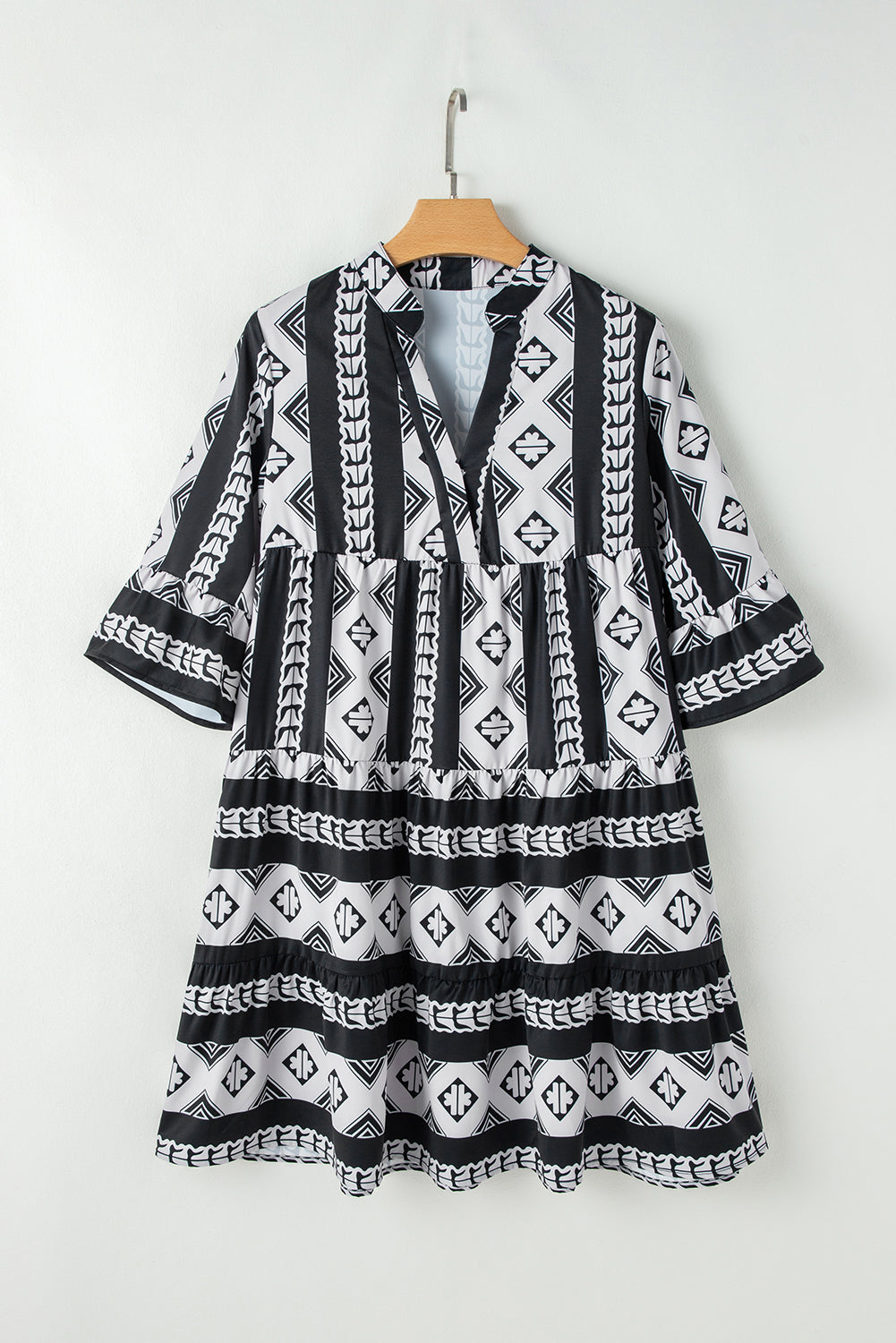 Black Geometric Print V Neck Ruffled Dress