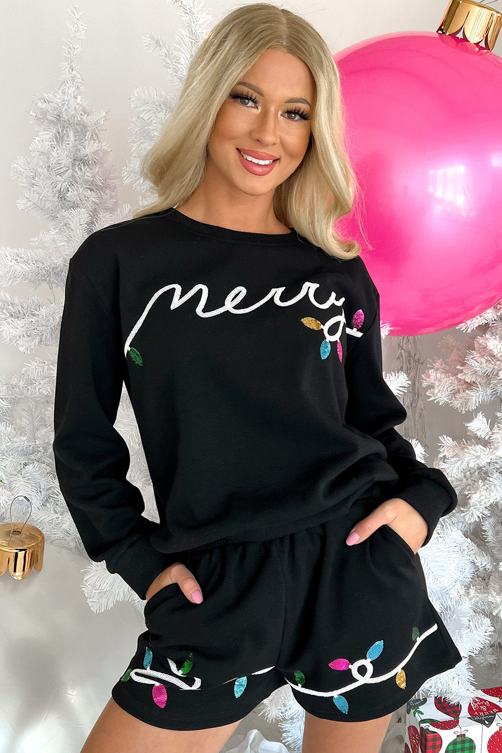 Black Sequin Merry Graphic Pullover and Shorts Outfit