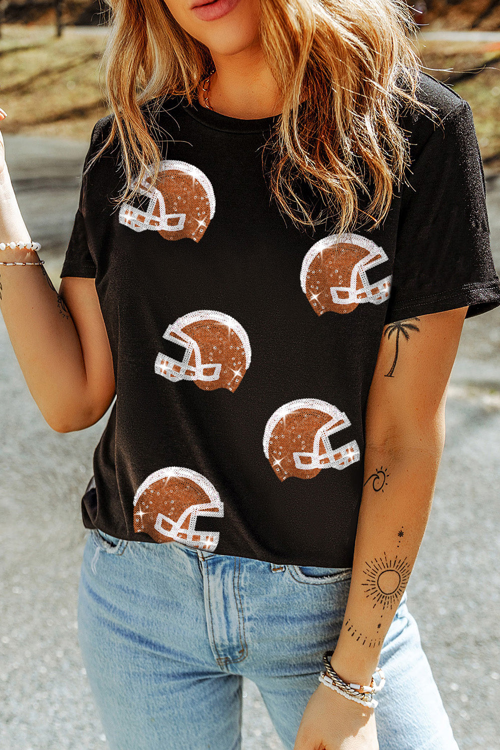 Black Sequin Rugby Football Helmet Graphic Crewneck T Shirt