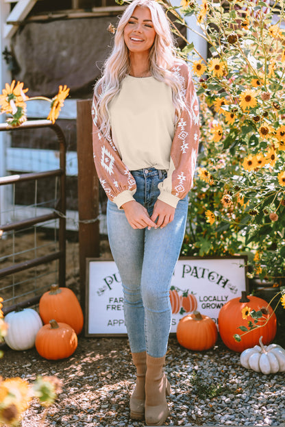 Apricot Western Print Patch Long Sleeve Top