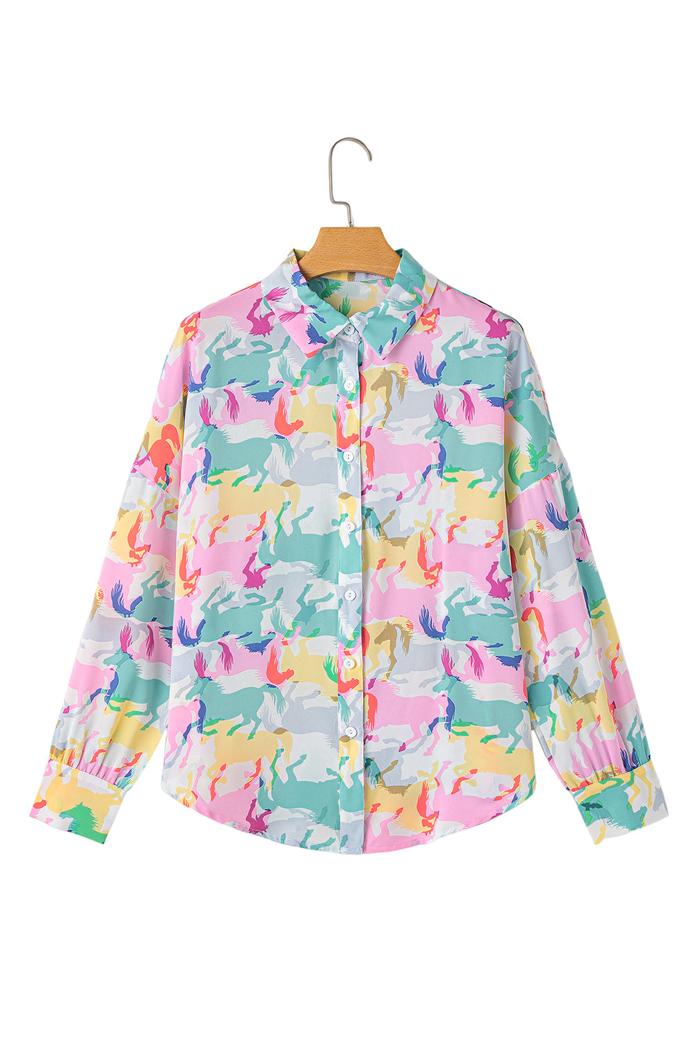 White Colorful Horse Printed Long Sleeve Button Up Casual Shirt