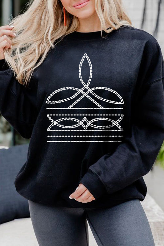 Black Western Pattern Print Round Neck Pullover Sweatshirt