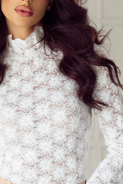 Black Floral Lace High Neck Long Sleeve Top