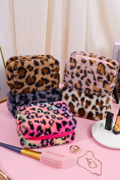 Peach Blossom Leopard Print Zipper Plush Cosmetic Bag