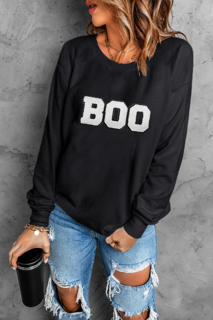 Black Chenille BOO Patched Pattern Crewneck Halloween Sweatshirt