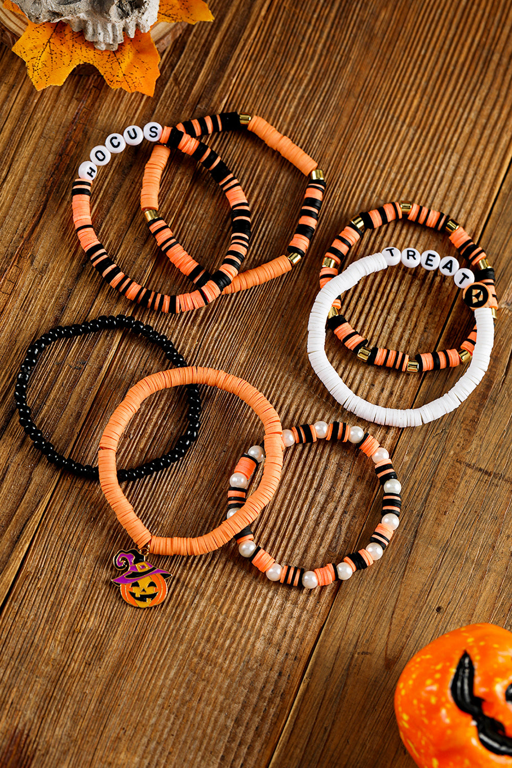 Orange TREAT HOCUS Halloween Pumpkin Beaded Multilayered Bracelet