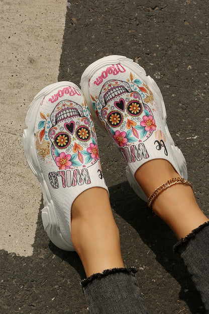 White Halloween Floral Skull Printed Slip-On Flat Shoes