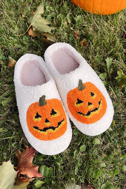 Black Halloween Pumpkin Print Plush Slippers