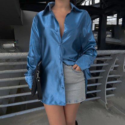 Graceful and Fashionable Slim-Fit Glossy Satin Shirt Top