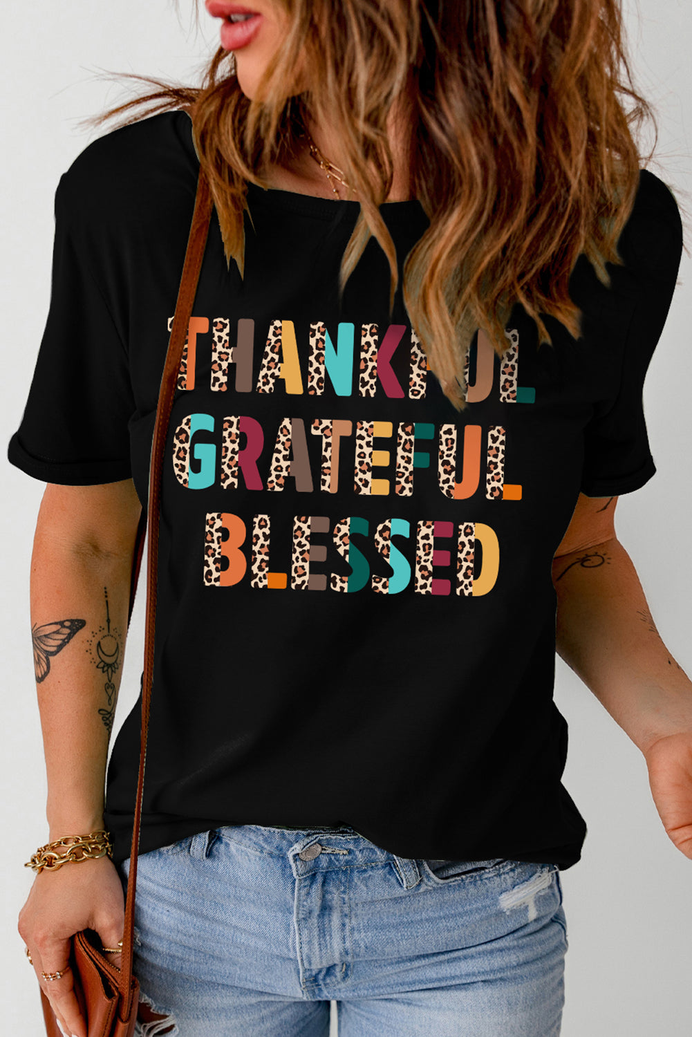 Black Thankful Grateful Blessed Leopard Print Crewneck T Shirt