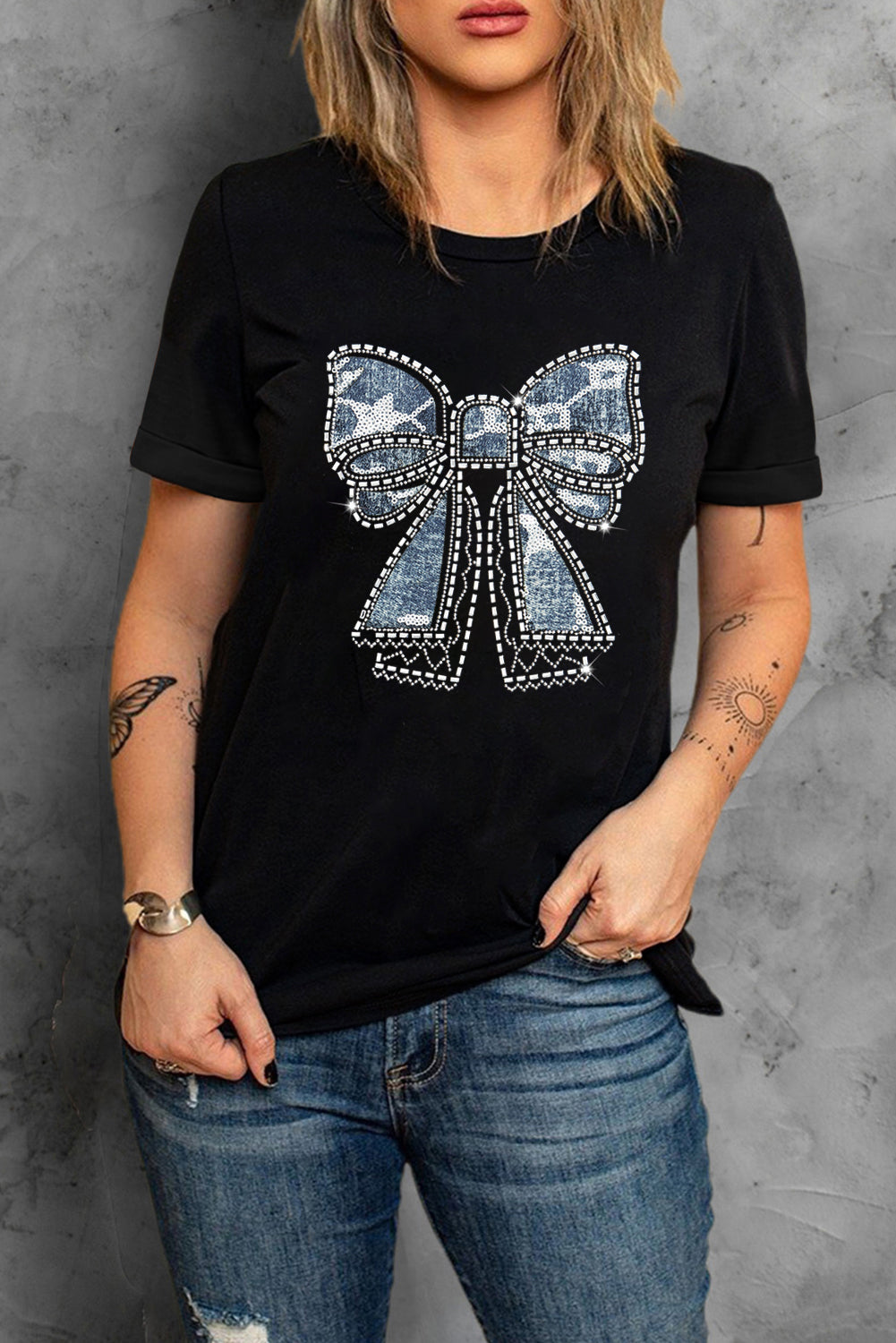 Black Rhinestone Bowknot Graphic Crewneck T Shirt