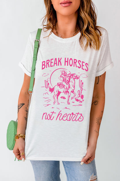 White Western BREAK HORSES Cowboy Graphic Crewneck T Shirt