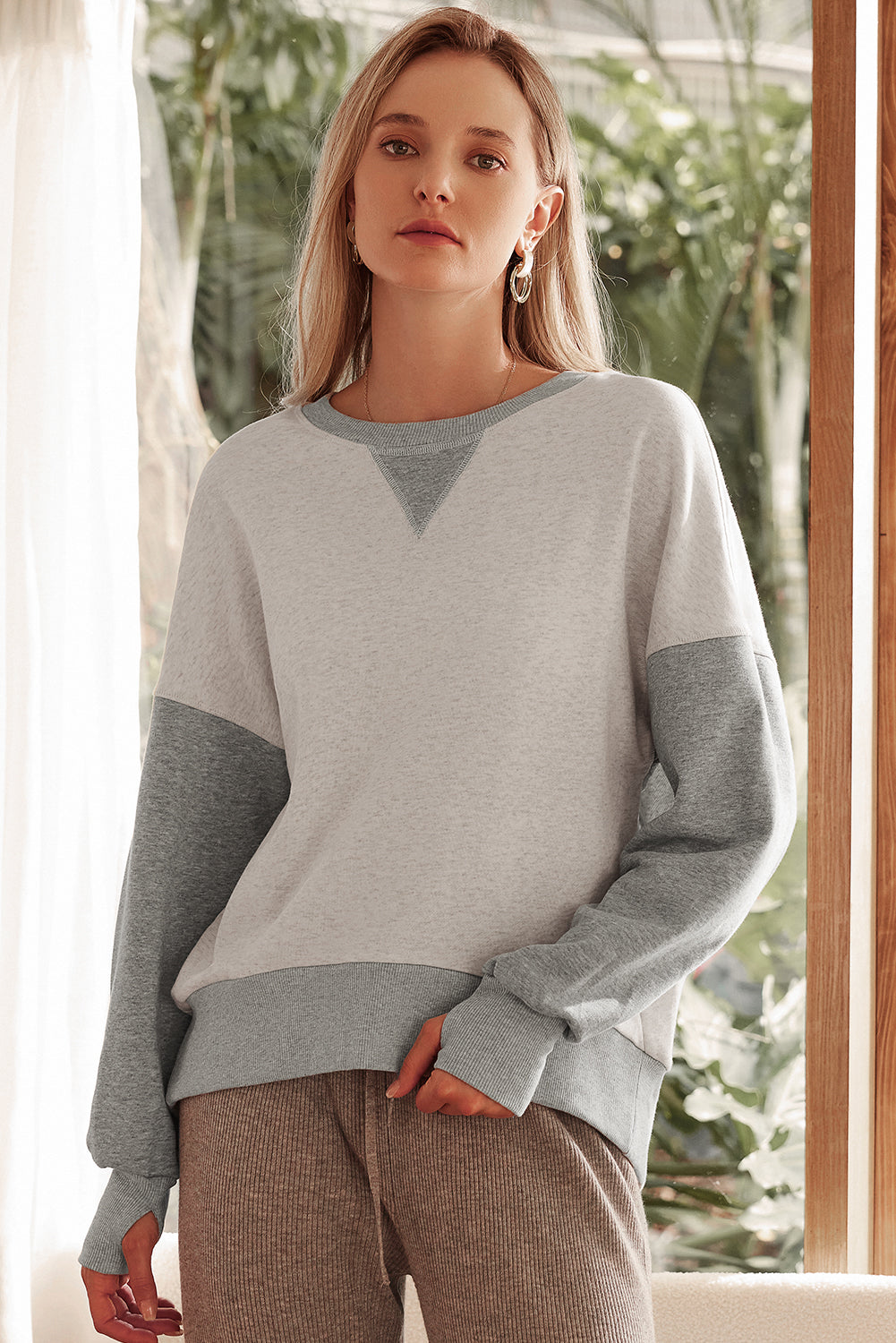 Yellow Color Block Thumbhole Sleeve Drop Shoulder Sweatshirt