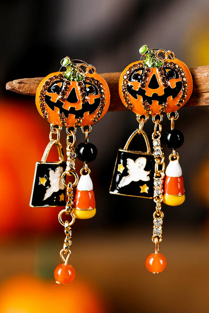 Orange Halloween Rhinestone Pumpkin Ghost Tassel Earrings