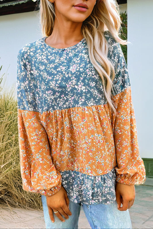 Orange Floral Color Block Ruffled Hem Round Neck Blouse