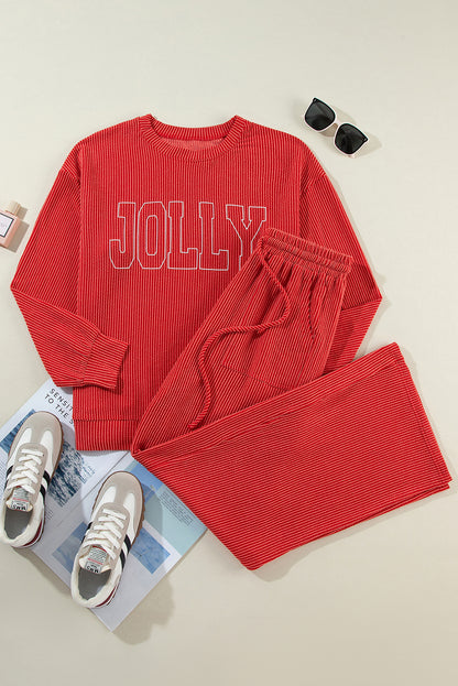 Fiery Red JOLLY Corded Long Sleeve Top and Pockets Pants Set