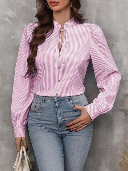 Women's V-neck Lace-up Button Striped Long Sleeve Shirt