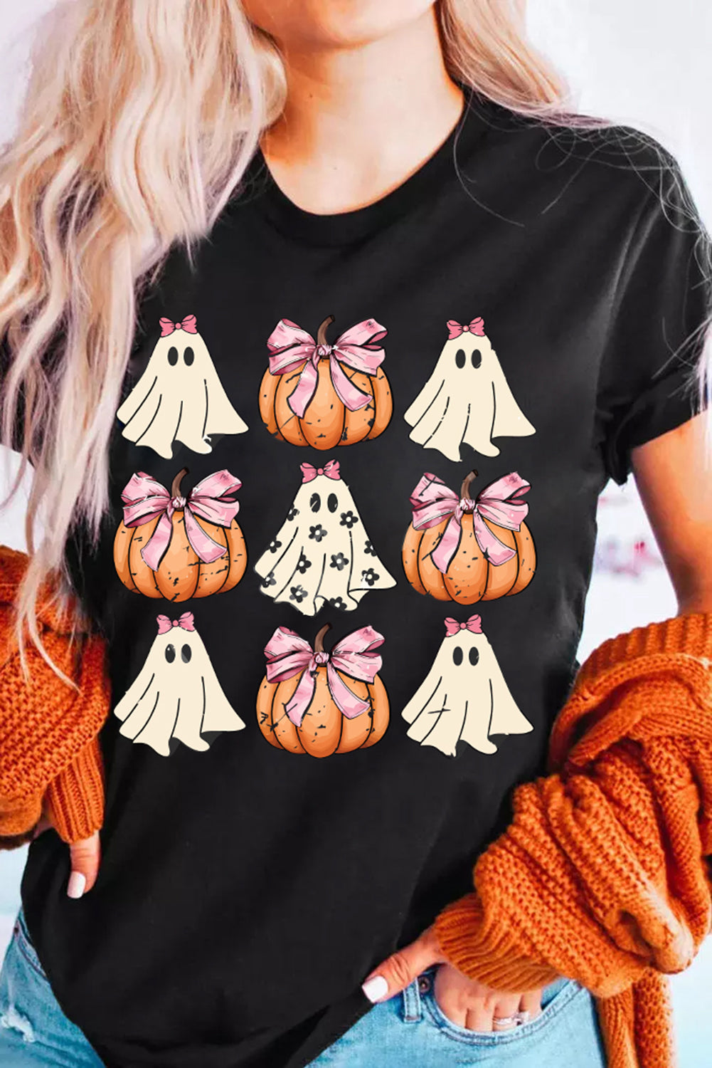 Khaki Bowknot Ghost Pumpkin Graphic Halloween T Shirt