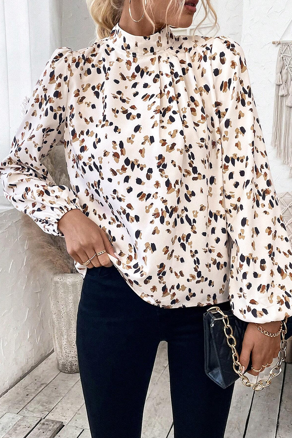 White Leopard Print Lantern Sleeve Mock Neck Pleated Blouse