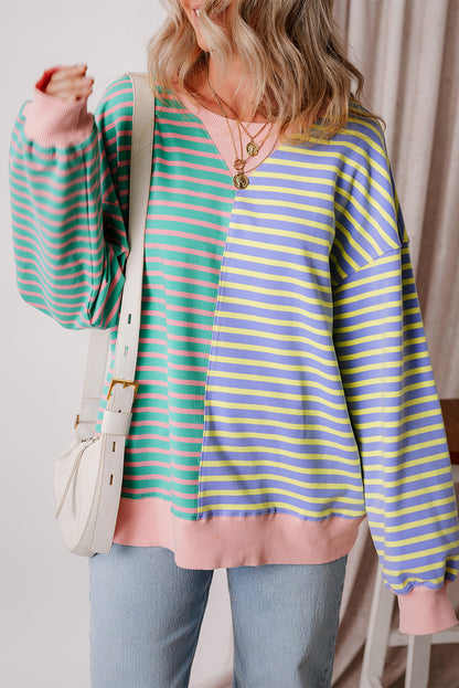 Green Stripe Casual Stripe Colorblock Drop Shoulder Oversize Sweatshirt