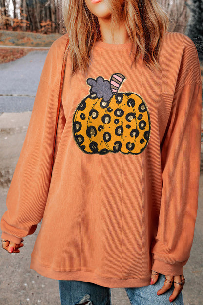 Orange Halloween Leopard Pumpkin Patchwork Ribbed Sweatshirt