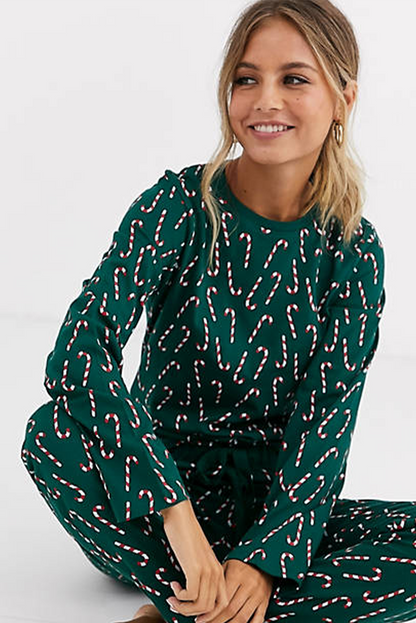 Green Christmas Candy Cane Printed Top and Pants Lounge Set