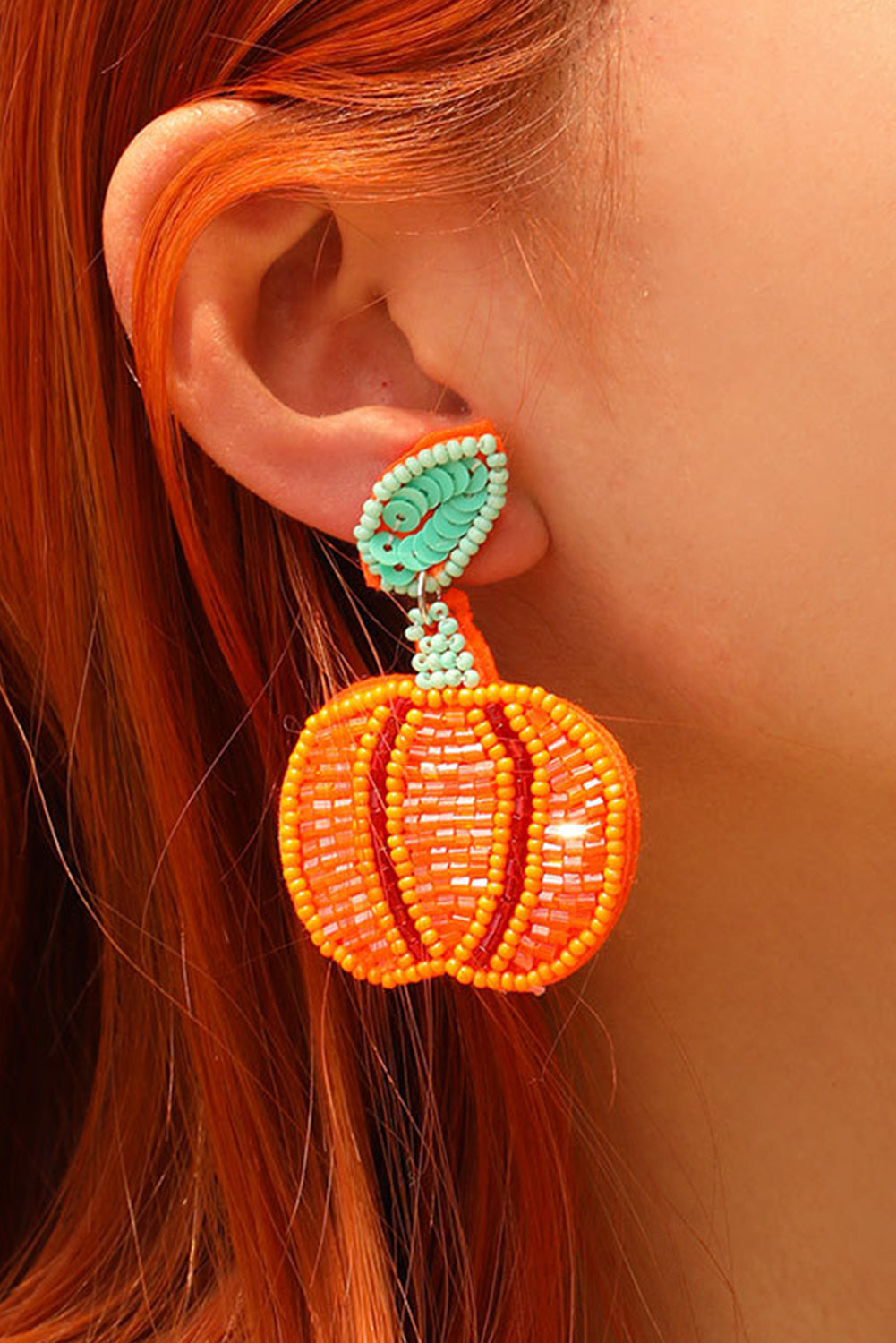 Orange Halloween Pumpkin Rice Beaded Drop Earrings