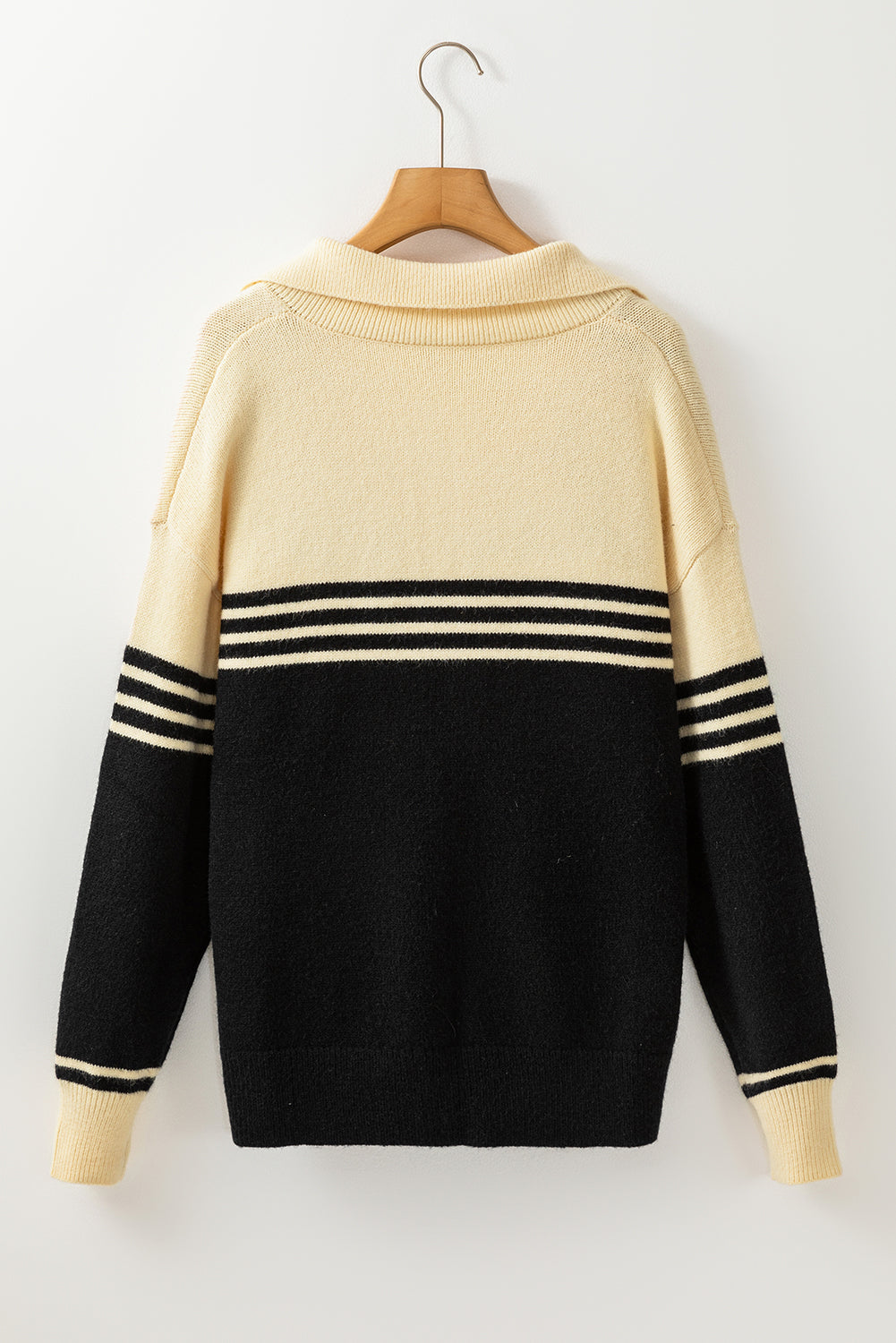 Black Colorblock Stripe Collared V Neck Sweater