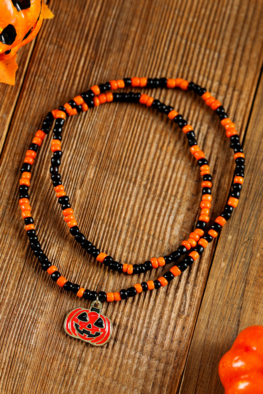 Orange Pumpkin Face Pendant Rice Beaded Halloween Necklace