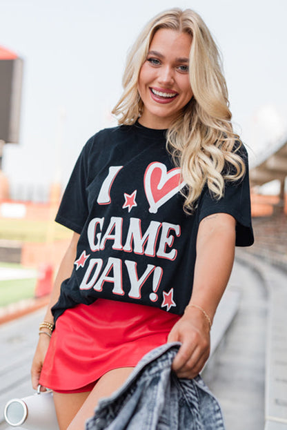 Black I Love GAME DAY Heart Printed Crewneck T Shirt