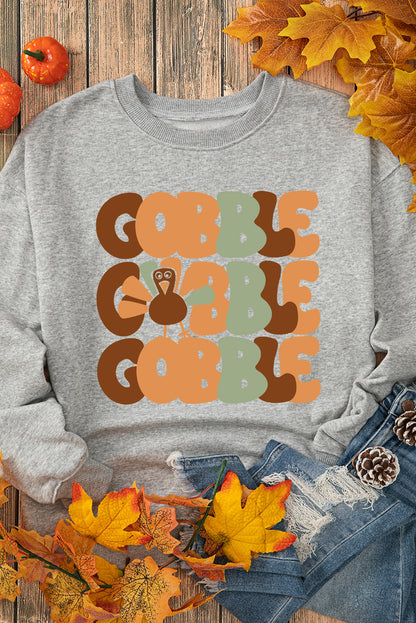 Gray GOBBLE Turkey Graphic Drop Shoulder Pullover Sweatshirt