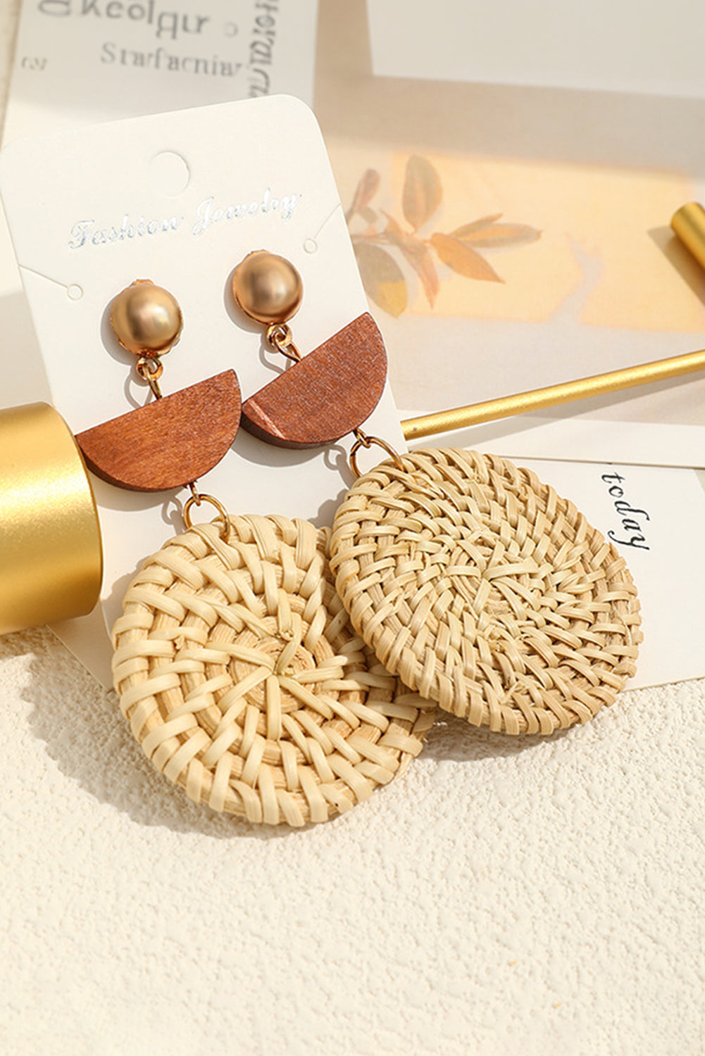 Beige Wooden Woven Disc Dangle Earrings