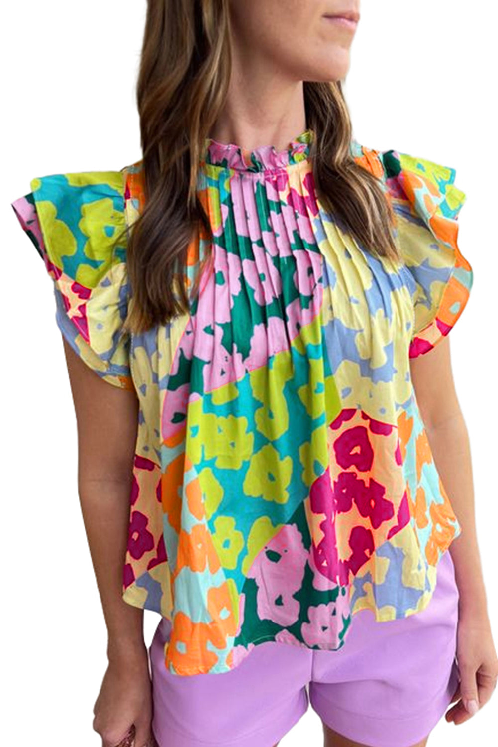 Multicolour Abstract Print Pleated Flutter Sleeve Blouse