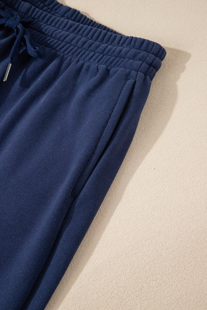 Navy Blue Solid Color Fleece Lined Drawstring Waist Joggers