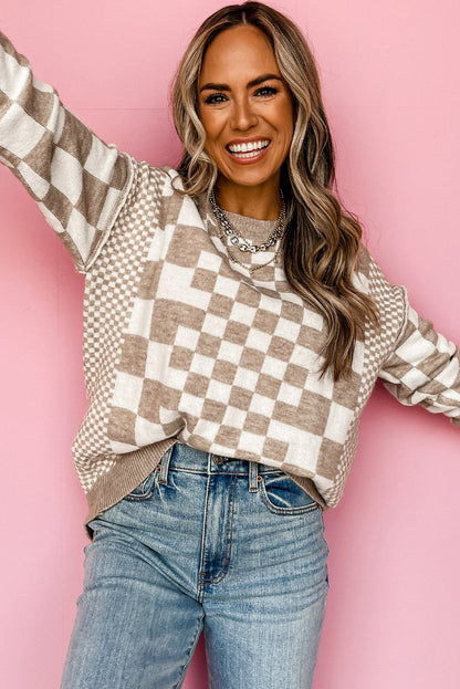 Gray Checkered Print Drop Shoulder Round Neck Sweater