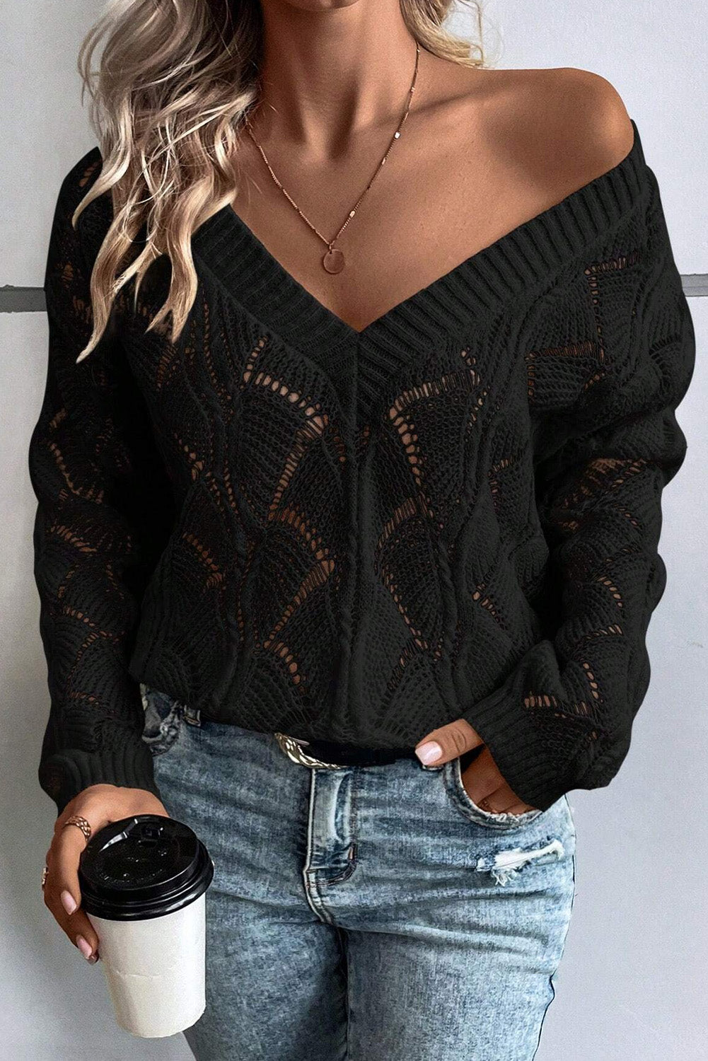 Beige Hollow Out Knit V Neck Drop Shoulder Sweater