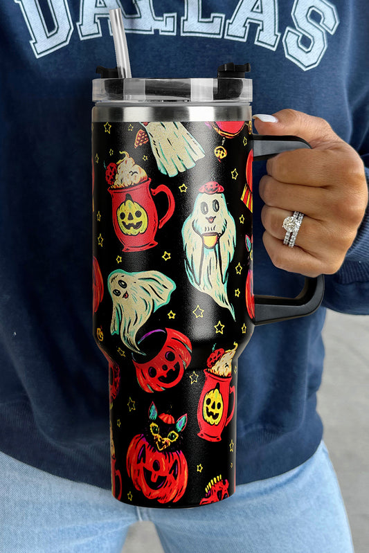 Black Halloween Ghost Pumpkin Print Large Tumbler 40oz