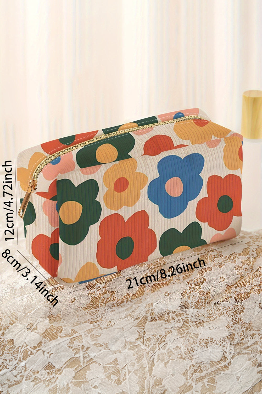 White Flower Print Zipper Square Corduroy Cosmetic Bag