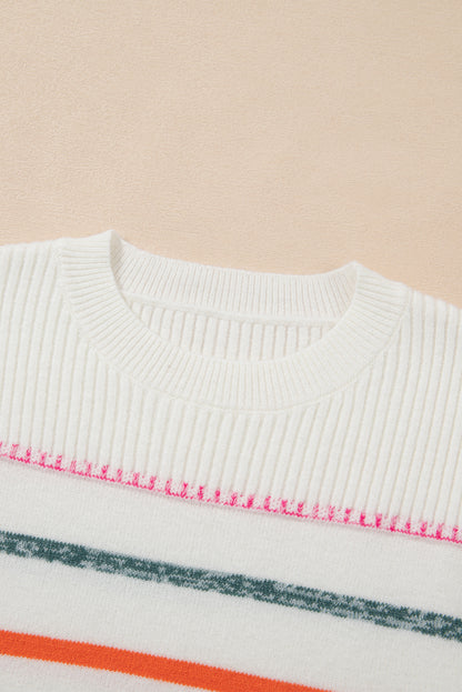 White Colorful Striped Ribbed Trim Sweater