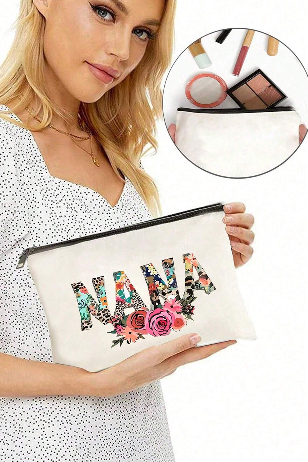 White TEACHER Graphic Print Zipper Cosmetic Bag