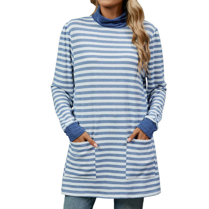 Striped Print Long Sweatshirt With Pocket Loose Long Sleeve Pullover T-shirt Top