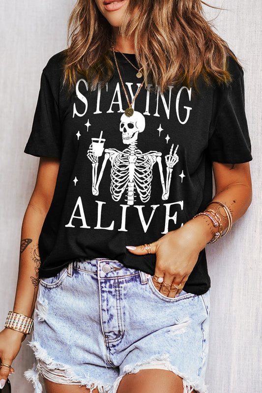 Black STAYING ALIVE Funny Skeleton Print Round Neck T Shirt