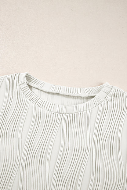 White Textured Wavy Round Neck Long Sleeve Top