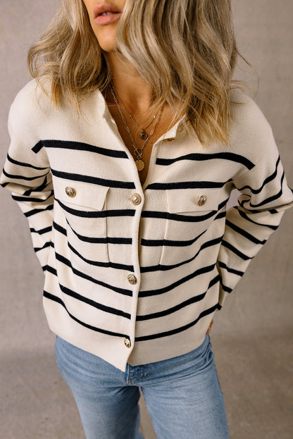 Black Stripe Flap Pocket Buttoned Cardigan Sweater