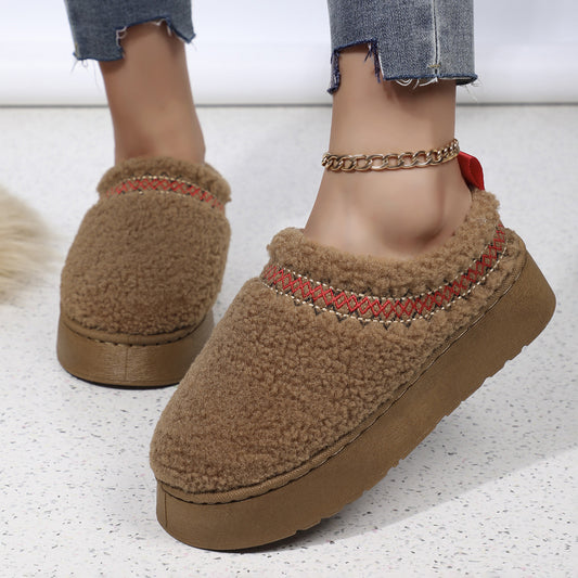 New Ethnic Style Sewing-edge Plush Slippers Winter Indoor Floor Thick-soled Slipper Fashion Outdoor Warm Garden Shoes