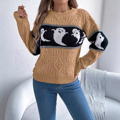 Halloween Ghost Contrast Color Knitted Long-sleeved Pullover