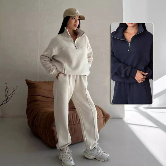 Y2K Women's Two-Piece Winter Tracksuit - Zipper Coat & Casual Pants Sport Set with Contrast Design